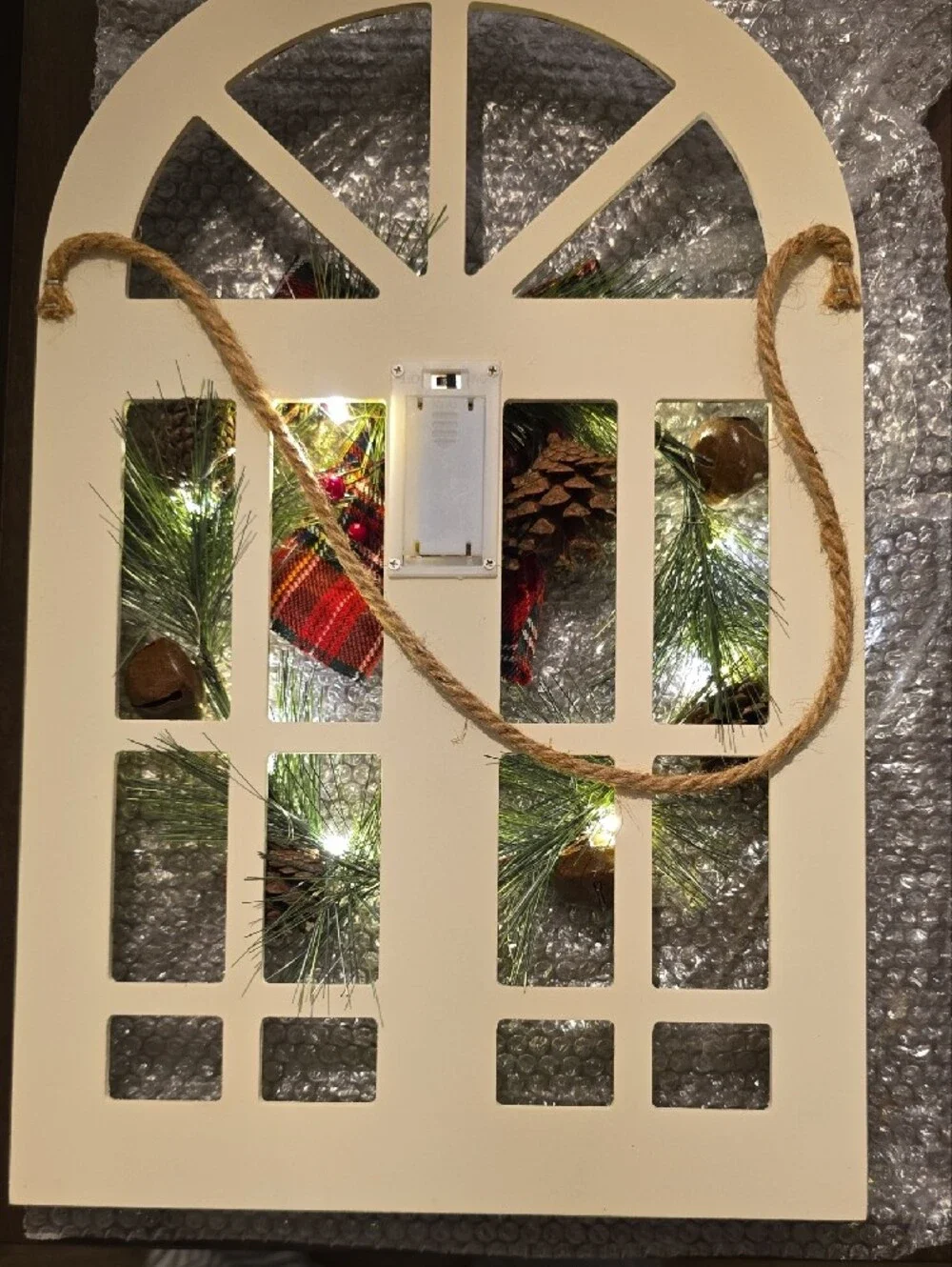 Holiday Window Wreath Wall Decor - White Frame with Red Bow. NWT.
